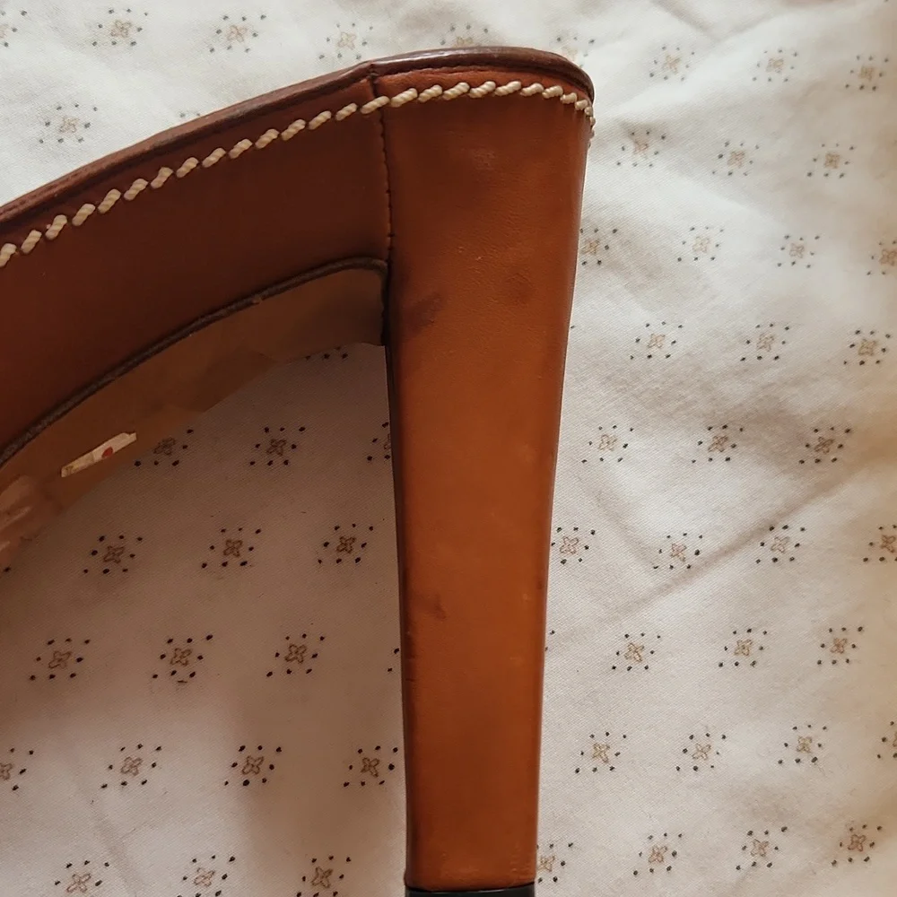 Yves Saint Laurent Tan Leather Cross-strap Heels Platform Slides Size 39/8.5